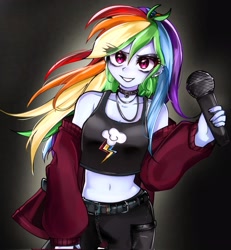 Size: 1889x2048 | Tagged: safe, artist:pulse, rainbow dash, human, equestria girls, g4, bare shoulders, belly button, belt, black background, black eyeshadow, choker, clothes, cutie mark on clothes, ear piercing, eye clipping through hair, eyebrows, eyebrows visible through hair, eyeshadow, female, grin, looking at you, makeup, microphone, midriff, off shoulder, piercing, punk, rainbow punk, simple background, smiling, solo