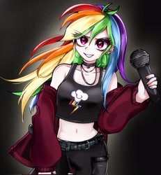 Size: 1889x2048 | Tagged: safe, alternate version, artist:pulse, rainbow dash, human, equestria girls, g4, bare shoulders, belly button, belt, black background, black eyeshadow, choker, clothes, cutie mark on clothes, ear piercing, eye clipping through hair, eyebrows, eyebrows visible through hair, eyeshadow, female, grin, human coloration, humanized, looking at you, makeup, microphone, midriff, off shoulder, piercing, punk, rainbow punk, simple background, smiling, solo