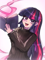 Size: 1536x2048 | Tagged: safe, artist:pulse, twilight sparkle, human, g4, book, clothes, cute, eye clipping through hair, humanized, open mouth, simple background, smiling, sweater, turtleneck, turtleneck sweater, twiabetes, white background
