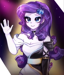 Size: 1580x1872 | Tagged: safe, artist:pulse, rarity, human, equestria girls, g4, abstract background, bare shoulders, breasts, choker, cleavage, clothes, cute, dress, female, looking at you, raribetes, smiling, solo, strapless, strapless dress, waving