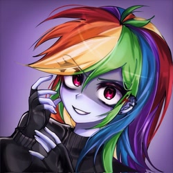 Size: 2048x2048 | Tagged: safe, artist:pulse, rainbow dash, human, equestria girls, g4, bust, clothes, eyebrows, eyebrows visible through hair, female, fingerless gloves, gloves, grin, looking at you, piercing, portrait, purple background, simple background, smiling, solo, turtleneck