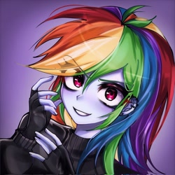 Size: 2048x2048 | Tagged: safe, alternate version, artist:pulse, rainbow dash, human, equestria girls, g4, bust, clothes, eyebrows, eyebrows visible through hair, female, fingerless gloves, gloves, grin, looking at you, piercing, portrait, purple background, simple background, smiling, solo, turtleneck