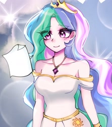 Size: 1713x1931 | Tagged: safe, artist:pulse, princess celestia, human, bare shoulders, breasts, cleavage, clothes, cute, cutelestia, dress, eyebrows, eyebrows visible through hair, female, humanized, jewelry, lens flare, necklace, paper, smiling, solo, strapless, strapless dress, tiara