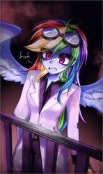 Size: 1280x2159 | Tagged: safe, artist:pulse, rainbow dash, human, fanfic:rainbow factory, equestria girls, g4, clothes, eyebrows, eyebrows visible through hair, fanfic art, female, goggles, goggles on head, gritted teeth, huh, humanized, lab coat, railing, solo, spread wings, teeth, winged humanization, wings