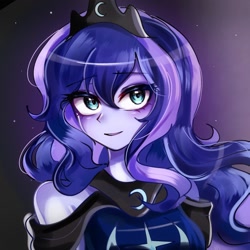 Size: 1280x1280 | Tagged: safe, artist:pulse, princess luna, human, bare shoulders, bust, cute, eyebrows, eyebrows visible through hair, female, humanized, jewelry, looking at you, lunabetes, smiling, solo, tiara