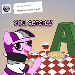 Size: 800x800 | Tagged: safe, artist:thedragenda, oc, oc only, oc:ace, earth pony, pony, ask-acepony, a, female, glass, gradient background, hay, knife, mare, pun, solo, visual pun, wine glass