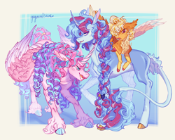 Size: 2500x1986 | Tagged: safe, artist:yuyusunshine, princess flurry heart, princess skyla, oc, oc:caelus citrine, classical unicorn, pegasus, pony, unicorn, g4, blushing, braid, braided ponytail, cloven hooves, colored hooves, colored pinnae, colored wings, colored wingtips, colt, curly mane, curly tail, ear fluff, ear piercing, earring, foal, frown, horn, jewelry, leaning, leonine tail, long mane, long tail, looking at someone, male, multicolored wings, narrowed eyes, next generation, offspring, older, open mouth, open smile, parent:princess cadance, parent:shining armor, parents:shiningcadance, partially open wings, piercing, ponytail, raised hoof, ringlets, shiny hooves, shiny mane, shiny tail, siblings, smiling, sparkly mane, sparkly tail, spread wings, standing, tail, tail fluff, tied mane, tied tail, trio, two toned mane, two toned tail, two toned wings, unshorn fetlocks, wing fluff, wingding eyes, wings