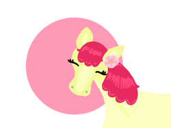 Size: 2732x2048 | Tagged: safe, artist:creativa-artly01, apple bloom, earth pony, pony, g4, blaze (coat marking), coat markings, colored pinnae, eyes closed, facial markings, female, filly, flower, flower in hair, foal, high res, no mouth, passepartout, shiny mane, simple background, solo, white background