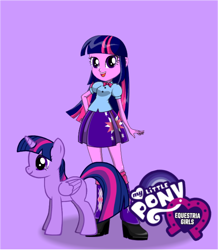 Size: 608x696 | Tagged: safe, artist:qbert2kcat, twilight sparkle, alicorn, human, pony, equestria girls, g4, my little pony equestria girls, female, purple background, simple background, solo