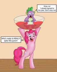 Size: 986x1238 | Tagged: safe, artist:termyotter, pinkie pie, spike, dragon, earth pony, pony, g4, atg 2023, bipedal, carrying, dialogue, drink, duo, duo male and female, excited, female, imminent spikeabuse, male, mare, misspelling, newbie artist training grounds, open mouth, open smile, partially submerged, pun, punch (drink), punch bowl, smiling, speech bubble, spiked punch, this will end in tears, worried