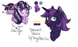 Size: 765x458 | Tagged: safe, artist:fluffytailponies, starlight glimmer, twilight sparkle, oc, alicorn, pony, unicorn, g4, female, horn, lesbian, magical lesbian spawn, mare, markings, nonbinary, nonbinary pride flag, offspring, parent:starlight glimmer, parent:twilight sparkle, parents:twistarlight, pride, pride flag, pronouns, s5 starlight, ship:twistarlight, shipping, simple background, white background