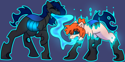 Size: 2712x1359 | Tagged: safe, artist:askhypnoswirl, oc, oc only, oc:big nick, oc:jc, changeling, blue background, changeling oc, simple background, soul vore, vore