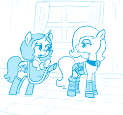 Size: 640x600 | Tagged: safe, artist:ficficponyfic, oc, oc only, oc:joyride, oc:sunshine sea, earth pony, pony, unicorn, colt quest, bluescale, boots, bowtie, clothes, complex background, corset, cyoa, duo, earth pony oc, eyeshadow, female, horn, indoors, jewelry, leather, leather boots, leggings, looking back, makeup, mantle, mare, monochrome, necklace, pleading, raised hoof, shoes, story included, unicorn oc, window