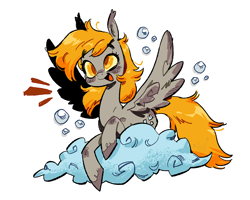 Size: 1350x1080 | Tagged: safe, artist:batzy-artz, derpy hooves, pegasus, pony, bubble, cloud, cute, derpabetes, emanata, eyebrows, eyebrows visible through hair, female, lying down, lying on a cloud, mare, on a cloud, open mouth, open smile, prone, simple background, smiling, solo, spread wings, white background, wings