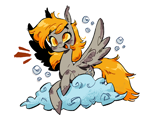 Size: 1350x1080 | Tagged: safe, artist:batzy-artz, derpy hooves, pegasus, pony, g4, bubble, cloud, cute, derpabetes, emanata, eyebrows, eyebrows visible through hair, female, lying down, lying on a cloud, mare, on a cloud, open mouth, open smile, prone, simple background, smiling, solo, spread wings, white background, wings