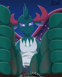 Size: 2250x2789 | Tagged: safe, artist:az12lol, pharynx, changedling, changeling, human, anthro, plantigrade anthro, g4, barefoot, barefooting, big feet, crush fetish, crushed, crushing, dirt, dirty, dirty feet, domination, feet, fetish, foot fetish, foot focus, furry, giant anthro, giant changeling, humanized, macro, male, male feet, massive, prince pharynx, size comparison, size difference, soles, solo, solo male, toes, underfoot