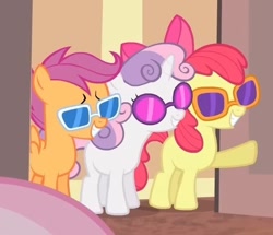Size: 590x507 | Tagged: safe, screencap, apple bloom, cheerilee, scootaloo, sweetie belle, earth pony, pegasus, pony, unicorn, for whom the sweetie belle toils, g4, cropped, cutie mark crusaders, female, filly, foal, glasses, horn, offscreen character, sunglasses, trio focus