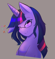 Size: 1096x1172 | Tagged: safe, artist:asikku, twilight sparkle, unicorn, g4, bust, female, glasses, gray background, horn, looking at you, mare, one eye closed, portrait, simple background, solo, wink, winking at you