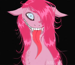 Size: 2048x1783 | Tagged: safe, artist:chortzykit, pinkie pie, earth pony, pony, g4, black background, cupcakes (futret), futret, long tongue, looking at you, pinkamena diane pie, simple background, smiling, smiling at you, solo, song art, staring into your soul, tongue out