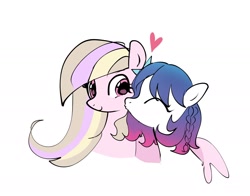 Size: 2048x1609 | Tagged: oc name needed, safe, artist:petaltwinkle, oc, oc only, oc:petal twinkle, pegasus, pony, blonde mane, braid, cheek kiss, couple, duo, duo female, female, floating heart, gradient mane, heart, hug, kissing, lesbian, long mane, looking at someone, mare, multicolored mane, oc x oc, pegasus oc, pink coat, pink eyes, shipping, simple background, smiling, spread wings, white background, white coat, wingding eyes, winghug, wings