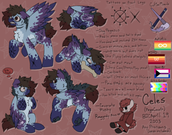 Size: 2800x2200 | Tagged: safe, artist:pegacousinceles, oc, oc only, oc:celes, hybrid, pegasus, adhd, ambiguous gender, autism, bisexual pride flag, cutie mark, demisexual pride flag, high res, paw pads, pegasus oc, ponysona, pride, pride flag, reference sheet