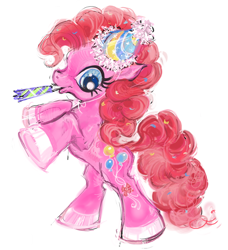 Size: 1384x1518 | Tagged: safe, artist:eyerealm, pinkie pie, earth pony, pony, g4, big eyes, blue eyes, colored hooves, confetti in mane, confetti in tail, curly mane, curly tail, female, hair accessory, hat, long mane, long tail, looking down, mare, party hat, party horn, pink coat, pink mane, pink tail, profile, rearing, shiny hooves, simple background, smiling, tail, tail accessory, white background, wingding eyes