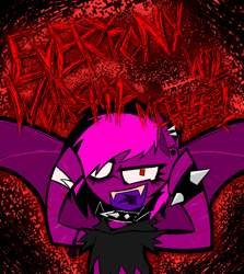 Size: 1340x1502 | Tagged: safe, artist:xxv4mp_g4z3rxx, oc, oc only, oc:violet valium, bat pony, pony, bat pony oc, clothes, collar, ear piercing, emo, evil laugh, fangs, forked tongue, hoodie, hospital band, laughing, piercing, red eyes, scar, solo, spiked collar, spiked wristband, spread wings, torn clothes, tourniquet, two toned mane, wings, wristband