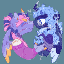Size: 1397x1390 | Tagged: safe, artist:tottallytoby, princess luna, twilight sparkle, alicorn, pony, anthro, g4, alternate design, alternate hair color, alternate hairstyle, arm fluff, big eyes, blaze (coat marking), blue coat, blue eyes, blue mane, blush scribble, blushing, clothes, coat markings, colored eartips, colored eyebrows, colored horn, colored pinnae, colored wings, colored wingtips, crooked horn, curly mane, dreadlocks, duo, duo female, ear fluff, ethereal mane, eye clipping through hair, eyebrows, eyebrows visible through hair, eyes closed, eyeshadow, facial markings, female, floating heart, floppy ears, green background, hair bun, heart, height difference, holding hands, hoof hands, horn, lesbian, lidded eyes, looking at each other, looking at someone, makeup, mare, multicolored wings, profile, purple coat, redesign, ship:twiluna, shipping, simple background, smiling, smiling at each other, sparkly mane, spread wings, starry mane, sweater, teal background, tied mane, twilight sparkle (alicorn), two toned mane, wing scar, wings