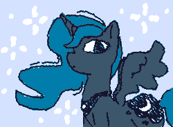 Size: 355x261 | Tagged: safe, artist:gh0stmist, princess luna, alicorn, pony, g4, animated, blue background, blue coat, blue mane, blue tail, empty eyes, female, gif, long mane, looking at you, mare, missing accessory, no catchlights, peytral, profile, simple background, solo, sparkles, spread wings, tail, wavy mane, wavy tail, wide eyes, wigglypaint, wings