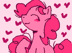 Size: 355x261 | Tagged: safe, artist:gh0stmist, pinkie pie, earth pony, pony, g4, :3, animated, blushing, curly mane, curly tail, cute, diapinkes, female, floating heart, frame by frame, gif, heart, limited palette, long mane, mare, pink background, pink coat, pink mane, pink tail, profile, raised hoof, simple background, smiling, solo, squigglevision, tail, wigglypaint