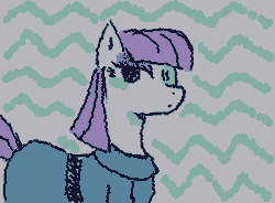 Size: 355x261 | Tagged: safe, artist:gh0stmist, part of a set, maud pie, earth pony, pony, g4, animated, clothes, dress, eyeshadow, female, frame by frame, gif, gray coat, lidded eyes, limited palette, looking at you, makeup, mare, patterned background, purple mane, purple tail, solo, squigglevision, straight mane, tail, wigglypaint