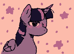 Size: 355x261 | Tagged: safe, artist:gh0stmist, twilight sparkle, alicorn, pony, g4, animated, blushing, ear blush, empty eyes, female, folded wings, frame by frame, gif, horn, limited palette, mare, narrowed eyes, no catchlights, no mouth, nose blush, orange background, purple coat, simple background, solo, sparkles, squigglevision, stars, twilight sparkle (alicorn), two toned mane, unicorn horn, wigglypaint, wings