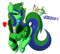 Size: 3000x2700 | Tagged: safe, artist:northern wind, oc, oc only, oc:northern wind, pony, unicorn, g4, blue eyes, clothes, cute, digital art, eyelashes, female, green mane, green tail, happy, heart, heart necklace, horn, jacket, krita, looking at you, mare, necklace, one eye closed, shirt, signature, simple background, smiling, smiling at you, solo, striped sweater, sweater, tail, transparent background, two toned mane, two toned tail, wink, winking at you