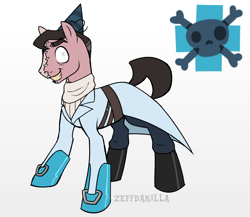 Size: 1150x1000 | Tagged: safe, artist:zeffdakilla, derpibooru exclusive, oc, oc only, oc:rudolph, earth pony, pony, belt, blind eye, boots, buckle, clothes, coat, cutie mark, evil grin, gloves, gradient background, grin, hat, lab coat, medic, pants, party hat, ponified, reference sheet, shoes, smiling, solo, standing, stitches, team fortress 2, turtleneck