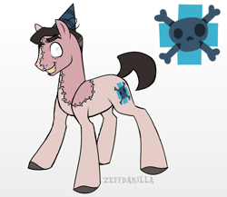Size: 1150x1000 | Tagged: safe, artist:zeffdakilla, oc, oc only, oc:rudolph, earth pony, pony, cutie mark, evil smile, gradient background, grin, hat, hooves, medic, medic (tf2), party hat, ponified, reference sheet, second opinion, smiling, solo, standing, stitches, team fortress 2