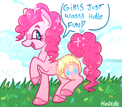 Size: 1000x876 | Tagged: safe, artist:freudcore, pinkie pie, earth pony, pony, g4, cloud, diaper, diaper fetish, female, fetish, grass, looking at you, looking sideways, mare, non-baby in diaper, outdoors, raised hoof, raised leg, smiling, solo, sparkles, speech bubble, talking, unshorn fetlocks