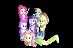Size: 700x460 | Tagged: safe, applejack, fluttershy, pinkie pie, rainbow dash, rarity, sci-twi, twilight sparkle, human, equestria girls, g4, 3d, black background, female, humane five, humane six, mane six opening poses, mmd, simple background, waving, waving at you