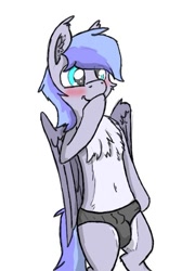 Size: 489x681 | Tagged: safe, artist:pzkratzer, oc, oc only, oc:discoordination, semi-anthro, aggie.io, belly button, bipedal, blushing, clothes, crotch bulge, male, simple background, solo, speedo, swimsuit, underwear, white background
