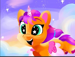 Size: 1601x1214 | Tagged: safe, artist:swirlmlp69768, sunny starscout, alicorn, pony, g5, cute, open mouth, open smile, race swap, smiling, solo, starry eyes, sunnybetes, sunnycorn, wingding eyes