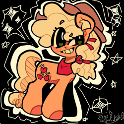 Size: 1280x1280 | Tagged: safe, artist:apoponi_happy, applejack, earth pony, pony, g4, applejack's hat, bandana, black background, blushing, colored ear fluff, cowboy hat, ear fluff, eye clipping through hair, eyebrows, eyebrows visible through hair, female, hairband, hat, heart, heart eyes, mare, outline, simple background, smiling, solo, stars, white pupils, wingding eyes