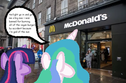 Size: 615x409 | Tagged: safe, artist:zoeyhorse, princess celestia, twilight sparkle, alicorn, human, pony, unicorn, g4, dialogue, facing away, fast food, female, food, horn, implied ponies eating meat, irl, mare, mcdonald's, noodle incident, photo, ponies in real life, speech bubble, stylistic suck, sun god