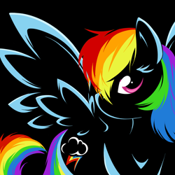 Size: 1040x1040 | Tagged: safe, artist:bamboodog, rainbow dash, pegasus, pony, g4, black background, cutie mark, female, lineart, mare, simple background, solo, spread wings, wings