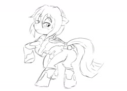Size: 1553x1110 | Tagged: safe, artist:nageruamado, oc, oc only, earth pony, pony, armor, blushing, butt, lidded eyes, looking back, pixiv, plot, raised hoof, sketch, solo, wavy mouth