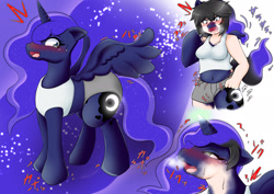 Size: 1518x1075 | Tagged: safe, artist:nageruamado, princess luna, alicorn, pony, kemonomimi, g4, ahegao, blushing, clothes, female, human to pony, japanese, mare, open mouth, spread wings, sweat, tongue out, transformation, wings