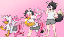 Size: 1470x855 | Tagged: safe, artist:nageruamado, oc, oc only, oc:foxxy hooves, griffon, kemonomimi, furry to griffon, gradient background, human to griffon, japanese reading order, pixiv, transformation, transformation sequence