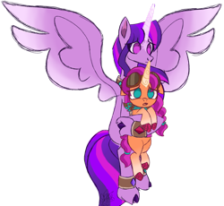 Size: 1280x1176 | Tagged: safe, artist:butterfly-mak, sunny starscout, twilight sparkle, alicorn, pony, g4, g5, alternate universe, bandana, coat markings, duo, duo female, facial markings, female, goggles, goggles on head, holding a pony, mare, no pupils, simple background, size difference, spread wings, star (coat marking), story included, sunny and her heroine, transparent background, twilight sparkle (alicorn), unshorn fetlocks, wings