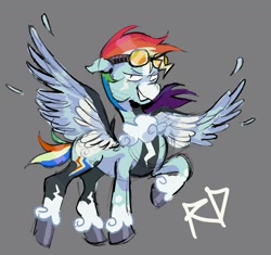Size: 1094x1029 | Tagged: safe, artist:justvoidsdumbstuff1, rainbow dash, pegasus, pony, g4, alternate color palette, alternate design, blaze (coat marking), blue coat, coat markings, colored hooves, colored muzzle, colored sketch, colored wings, colored wingtips, eyelashes, facial markings, feather, female, floppy ears, goggles, goggles on head, gray background, lightning mark, looking at you, mare, multicolored hair, multicolored mane, multicolored tail, multicolored wings, narrowed eyes, rainbow hair, rainbow tail, raised hoof, redesign, shiny hooves, short hair rainbow dash, short mane, short tail, shrunken pupils, simple background, sketch, smiling, smiling at you, socks (coat markings), solo, spread wings, standing, tail, text, unshorn fetlocks, wings
