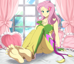 Size: 2069x1781 | Tagged: safe, artist:folk-dude-philip, fluttershy, human, equestria girls, g4, barefoot, bed, breasts, busty fluttershy, cleavage, commission, feet, female, fetish, foot fetish, foot focus, pillow, solo, window, ych result