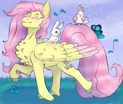 Size: 1900x1600 | Tagged: safe, artist:cluterdrop, fluttershy, bird, butterfly, chicken, pegasus, pony, rabbit, animal, chest fluff, cloven hooves, colored wings, colored wingtips, cute, eyes closed, female, hen, mare, music notes, pink eyelashes, shyabetes, smiling, solo, strutting, unshorn fetlocks, wings