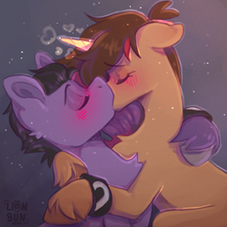 Size: 2000x2000 | Tagged: safe, artist:lionbun, oc, oc:dreamheart, oc:screaming heart, earth pony, unicorn, blushing, couple, duo, duo male and female, earth pony oc, eyebrows, eyebrows visible through hair, female, horn, kiss on the lips, kissing, love, male, mare, married couple, oc x oc, romantic, shipping, stallion, straight, unicorn oc